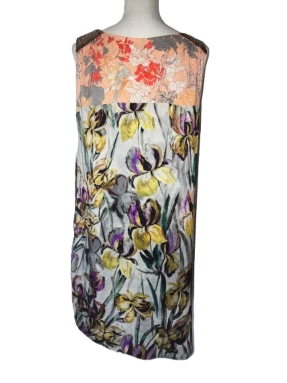 Dreis Van Noten Size 44 Floral Sleeveless Dress Beaded Shoulders Yellow Purple - Picture 9 of 15